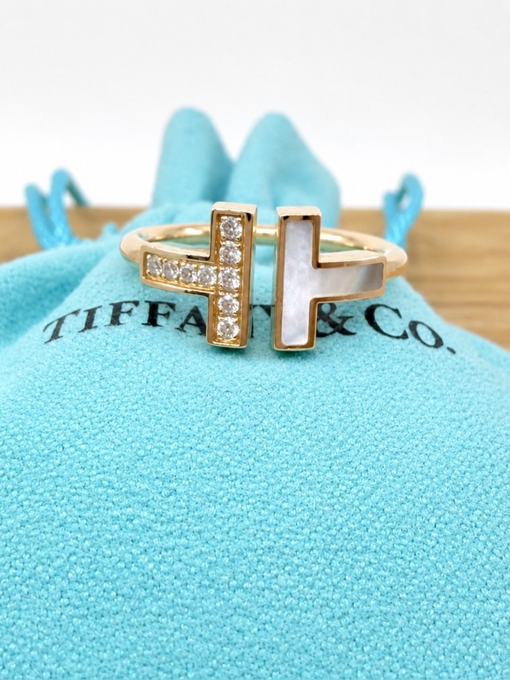 Tiffany Co. T Wire Ring with Diamonds and Mother Of Pearl, Rose Gold, sz 6.5